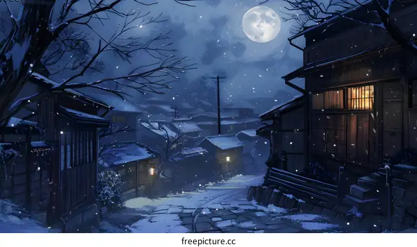 Snowy Night Scene of a Japanese Village