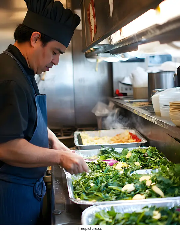 Hispanic Chef Preparing Food in Restaurant Kitchen