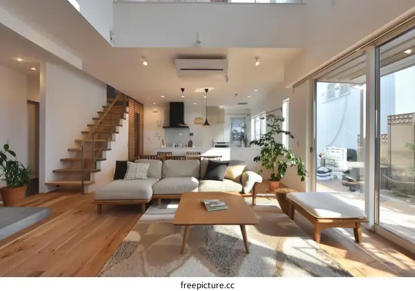 Bright and Airy Japanese Living Room With High Ceiling