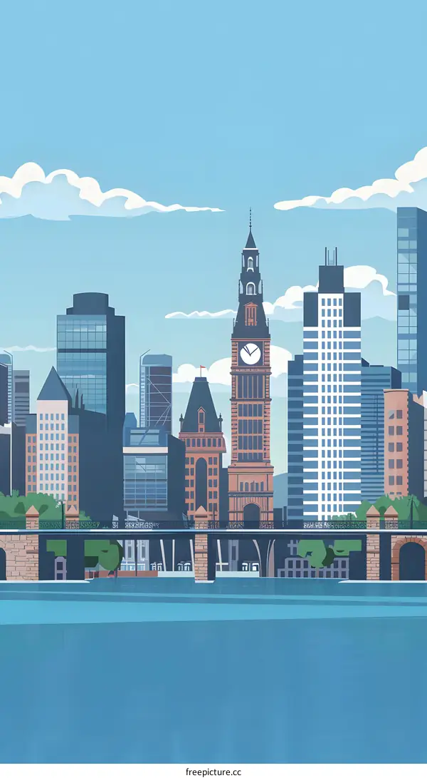 Cityscape with Clock Tower and Bridge