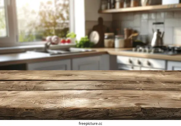 Rustic wooden table in a blurred kitchen background