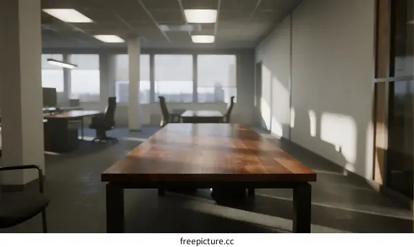 Modern office space with large table and multiple workstations