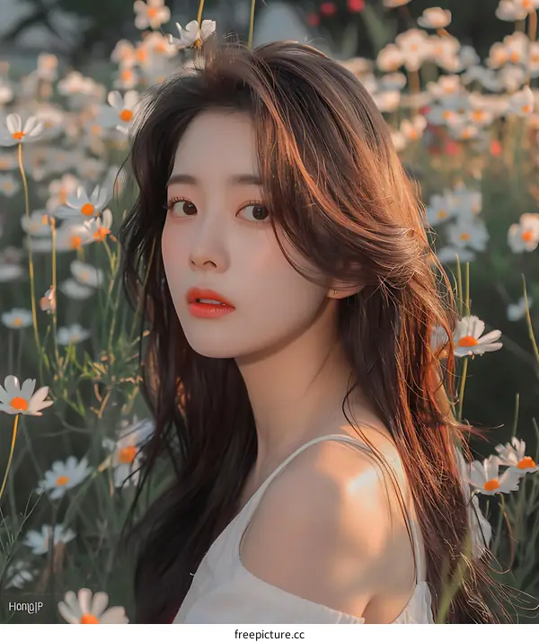 Young Woman with Long Brown Hair Posing in a Field of White Flowers