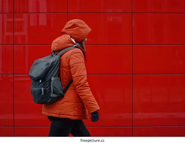 Woman Walking By Red Brick Wall in Winter