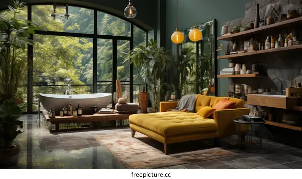 Bathroom with a view of the forest