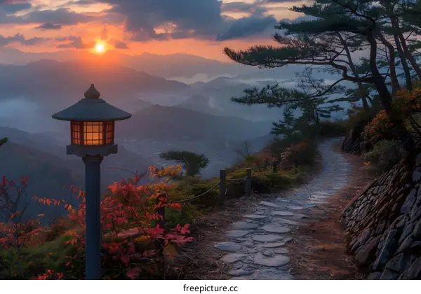 Stone path in the mountains at sunset