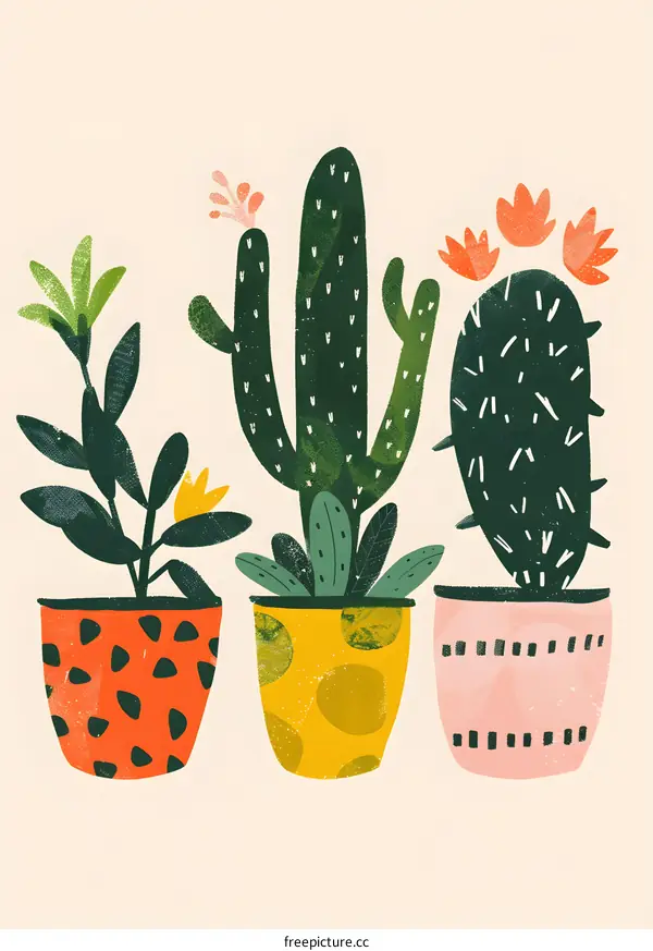 Three potted plants with different patterns