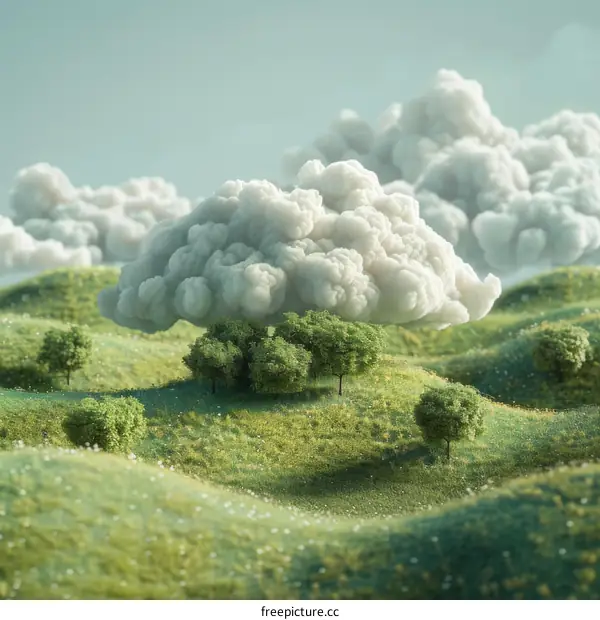 Fluffy white clouds float over green hills