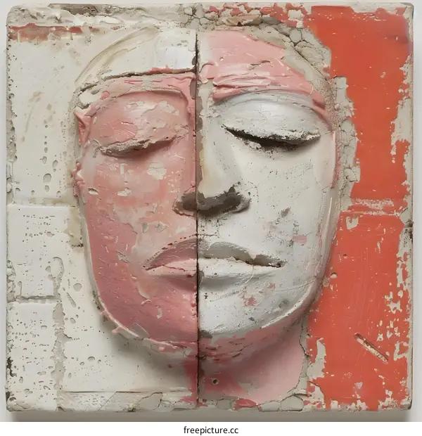 A ceramic sculpture with two faces, one pink and one white.