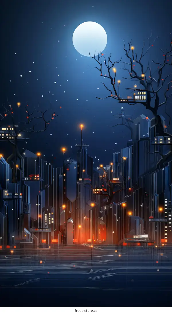 futuristic city night scene with skyscrapers and a full moon