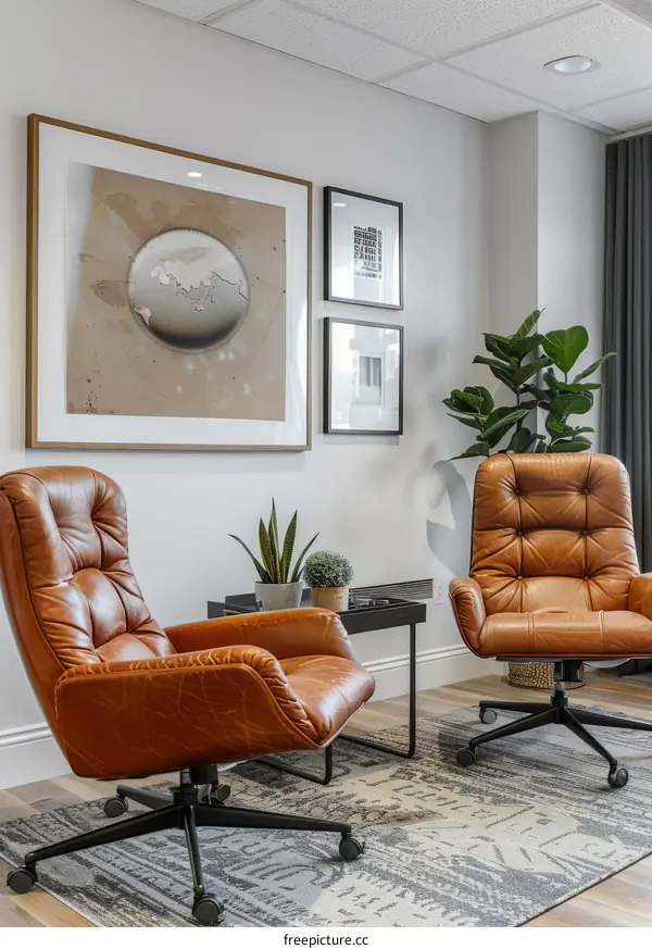 Two leather armchairs in front of a world map