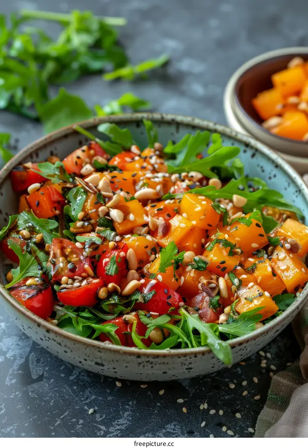 Roasted Butternut Squash Salad with Arugula, Cherry Tomatoes & Pine Nuts