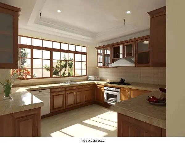 Modern Kitchen Design with Wooden Cabinets and Large Window