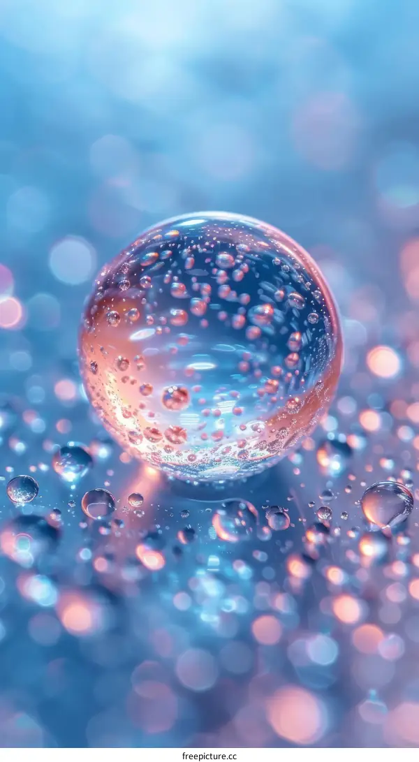 Close-up of a water droplet on a blue surface with a pink reflection
