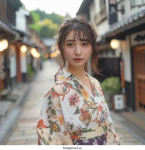 Asian Woman in Traditional Japanese Kimono in a Japanese Street