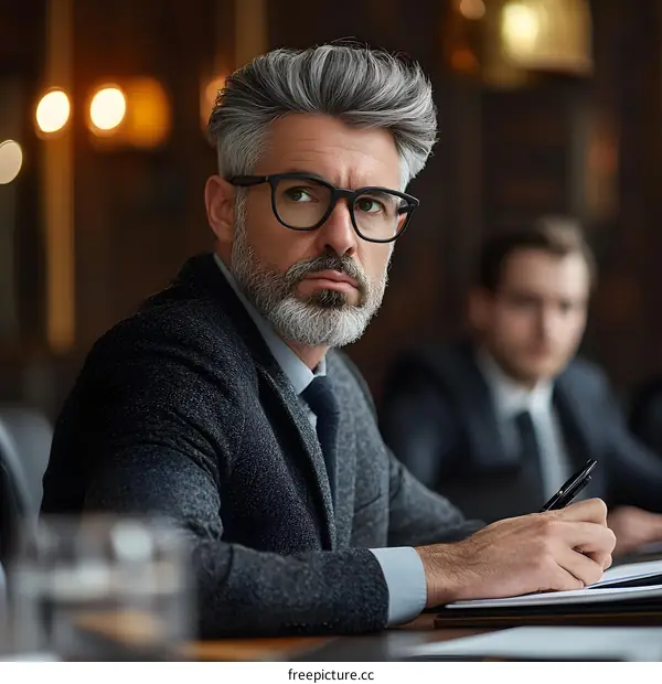 Confident Businessman with Grey Hair and Glasses