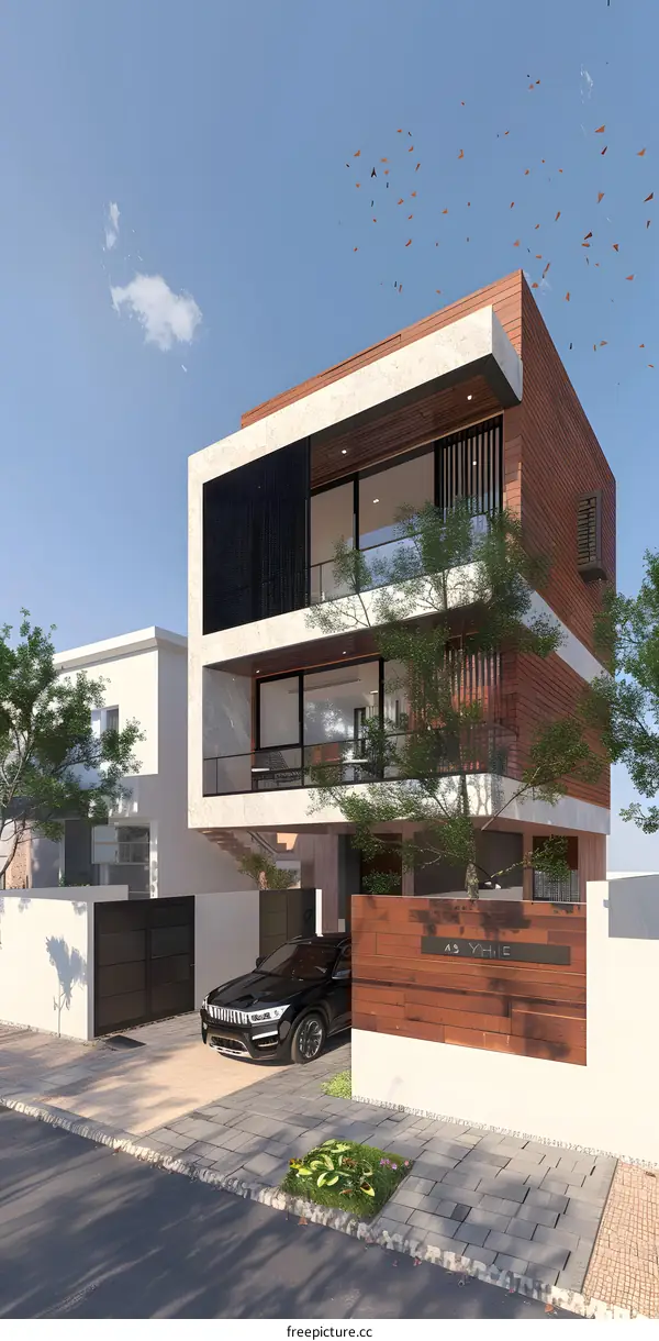 Modern Two Storey House with a Car in the Driveway