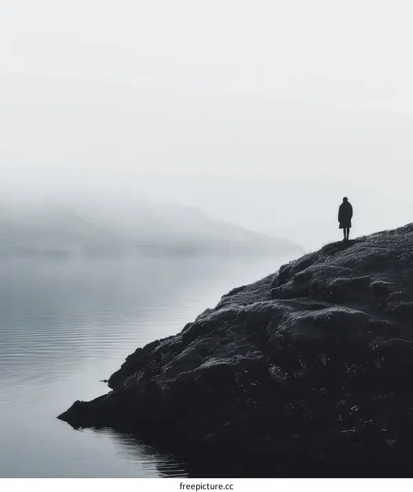 Man standing alone on a cliff overlooking a foggy lake