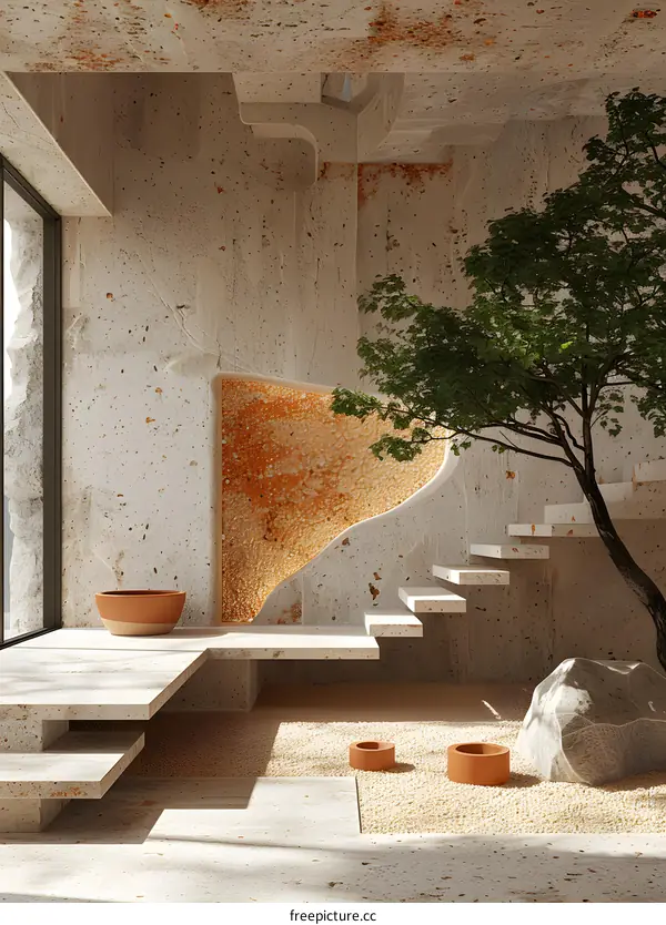 Pebbles and Tree in Modern Home