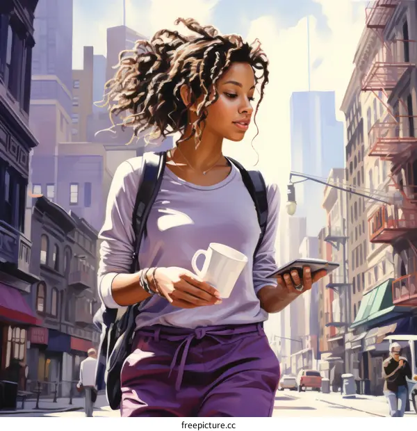 African American Woman Walking and Looking at Phone in City
