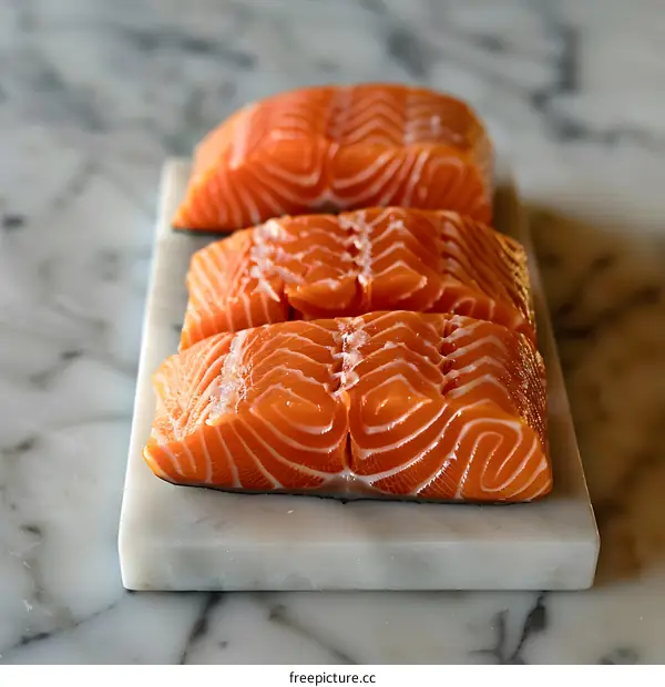 Three pieces of raw salmon fillet on a marble slab