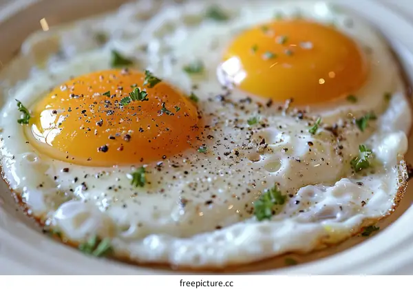 Two fried eggs sprinkled with black pepper and parsley