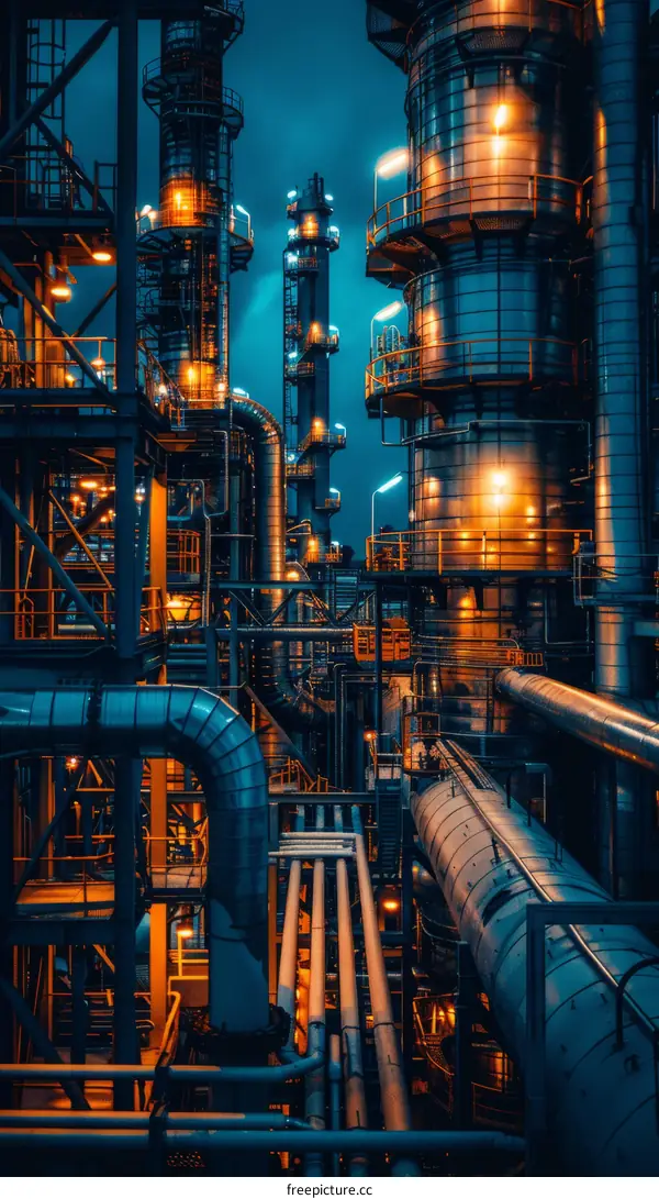 Aerial View of Oil Refinery at Night