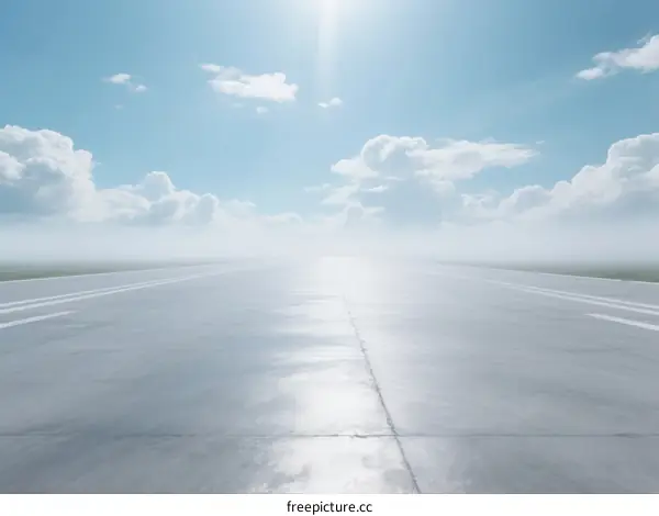 Empty Asphalt Runway Under Blue Sky with Fluffy Clouds