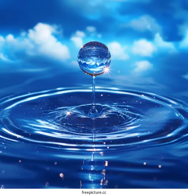 Water Drop Splashing into Water Creating Ripples and Reflecting the Sky
