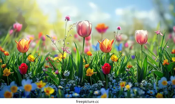 Field of flowers with tulips, daffodils, hyacinths, buttercups, bluebells and wild pansies in full bloom