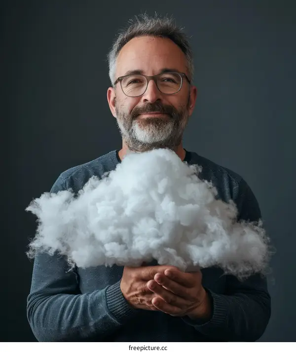 Bearded man holding a cloud in his hands