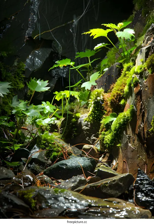 Green Plants Growing on Rocks in a Forest