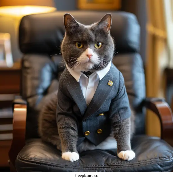 A gray cat wearing a suit is sitting in a leather chair and looking at the camera