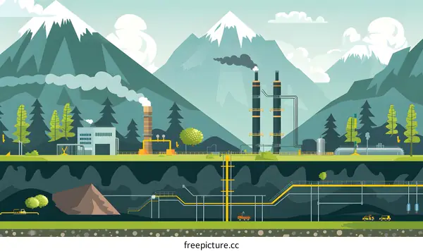 Mountain Landscape with Industrial Facility and Pipelines