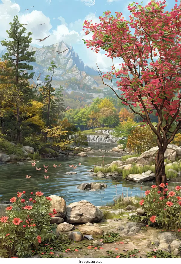 Pink Flowering Tree and Butterflies in a Mountain Valley Stream