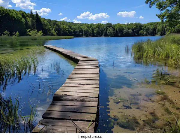A wooden walkway through a lake in a forest
