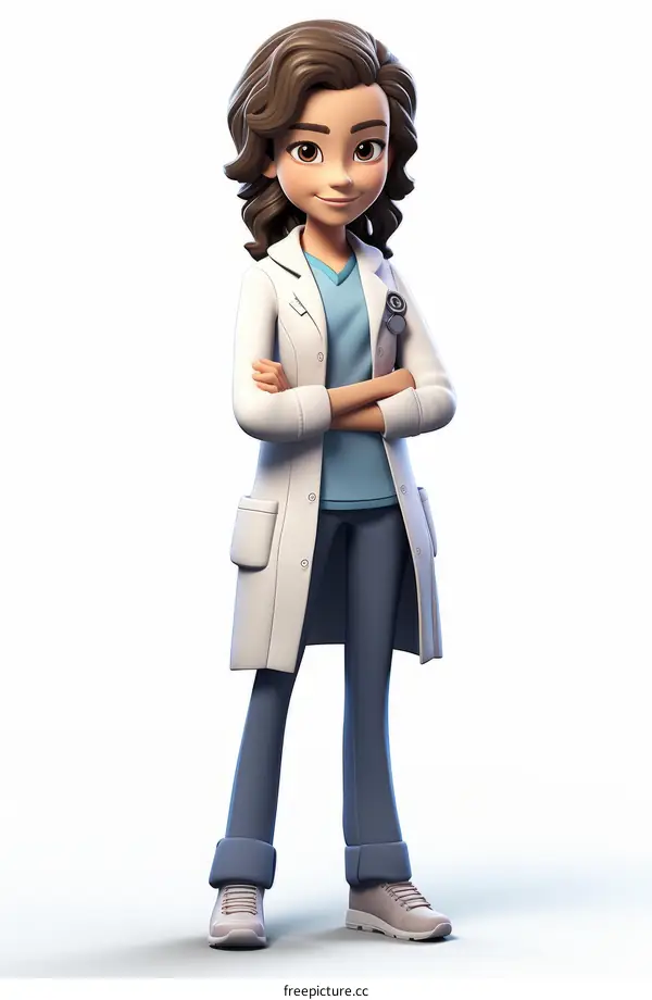 A female doctor in a white coat with brown hair