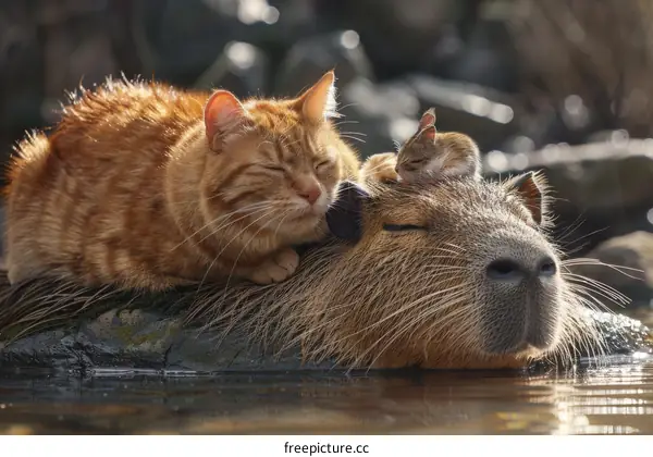 A capybara, a cat and a mouse are sleeping on a rock in the water