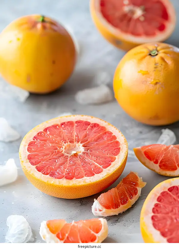 Fresh Grapefruits on a Grey Background