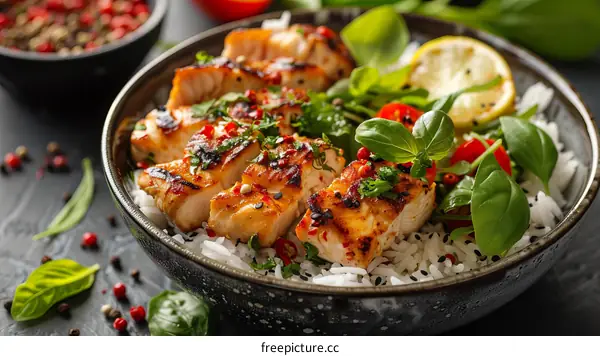 Grilled chicken breast with rice, vegetables, and Mediterranean spices