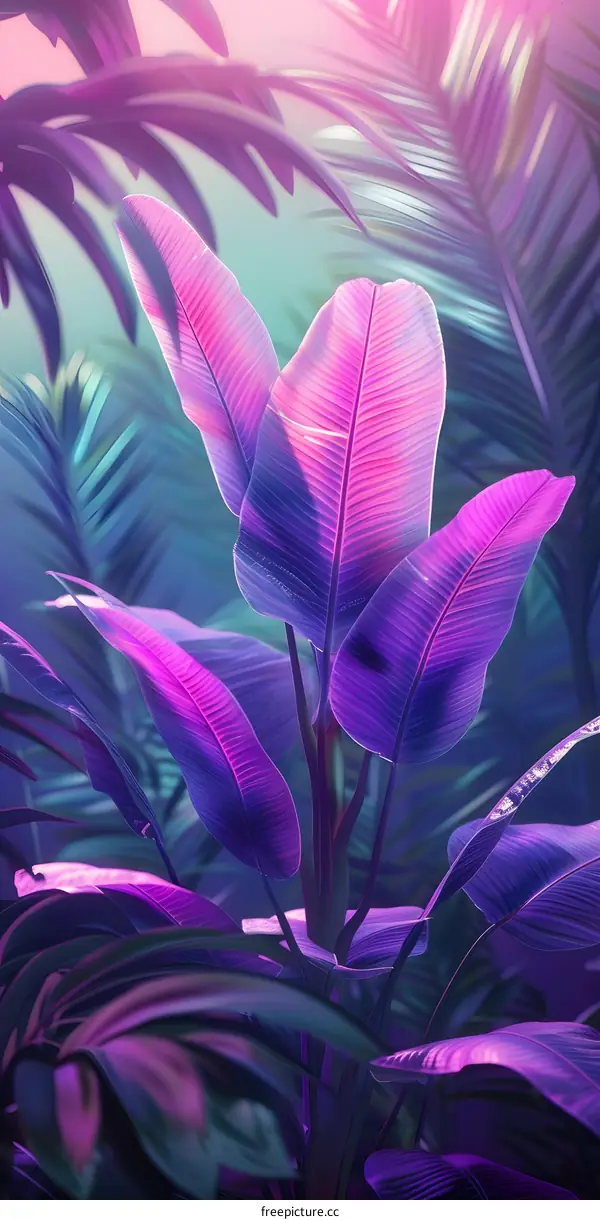Purple and Green Tropical Leaves Background