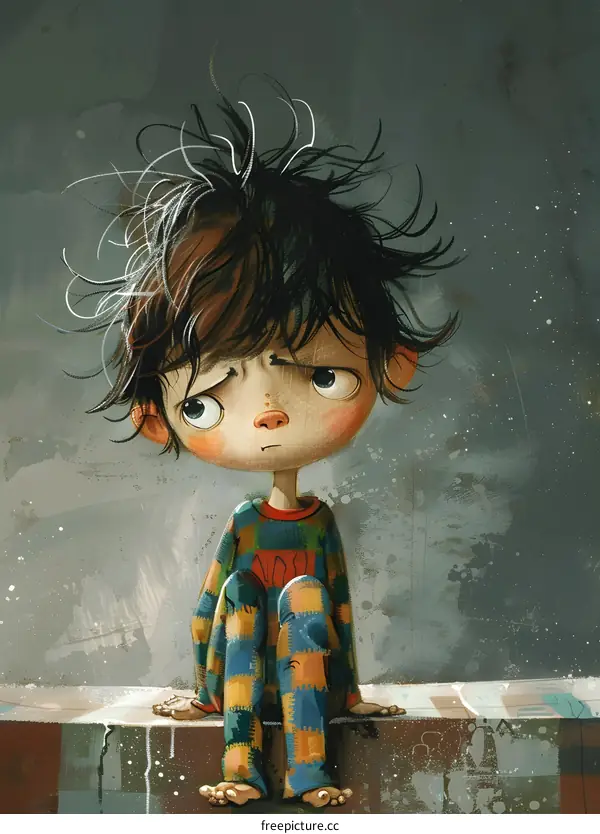 Sad Boy Sitting in Pajamas With Messy Hair