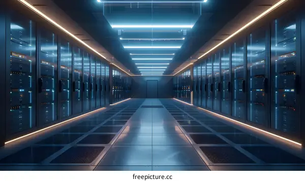 Modern Server Room with Blue Neon Lights and a Central Corridor