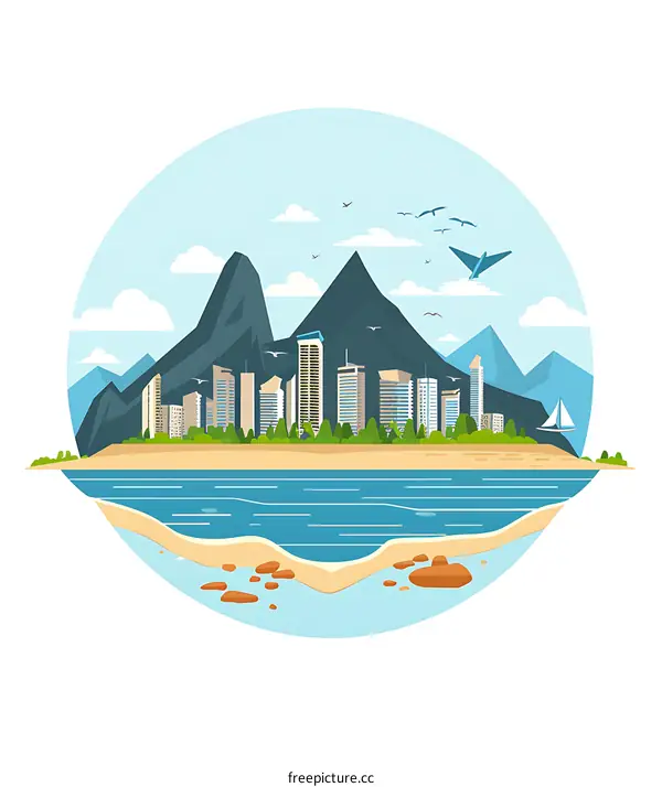 Cityscape with Mountains, Beach, and Seagulls Illustration