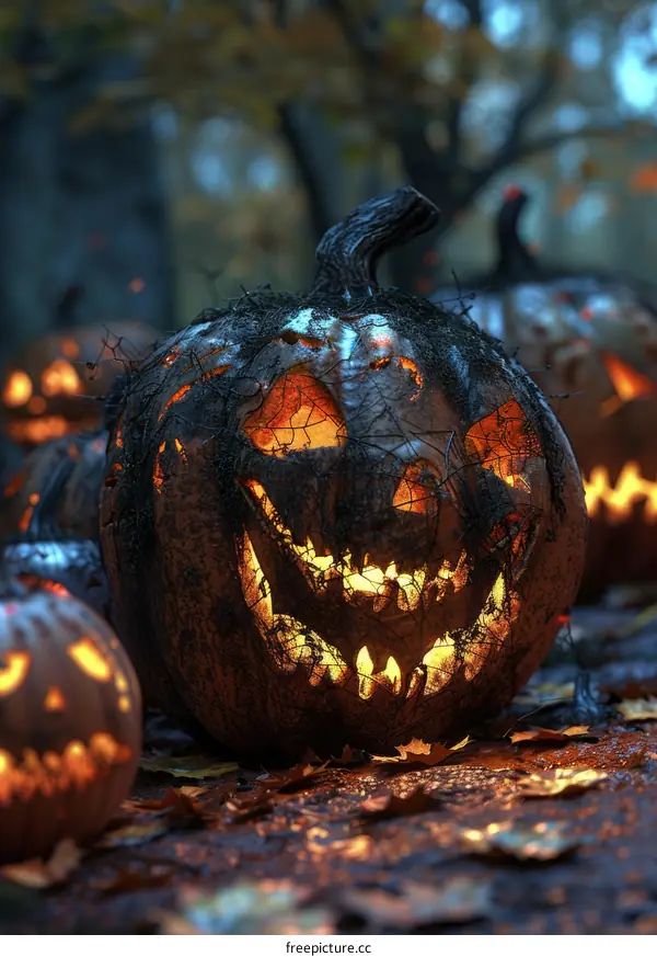 Spooky Halloween pumpkins in the woods