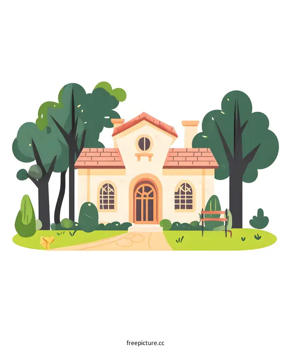 Cute House with Trees and Bench Illustration