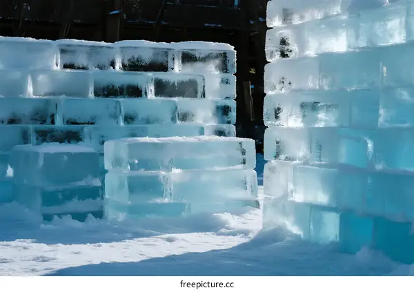 A cluster of transparent blue ice blocks arranged in a structured formation