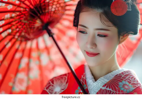 Portrait of a beautiful Japanese woman in traditional kimono with red umbrella