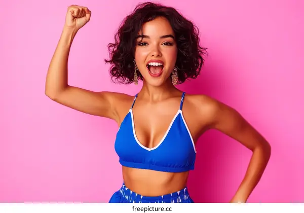 Happy Woman in Blue Bikini Expressing Joy