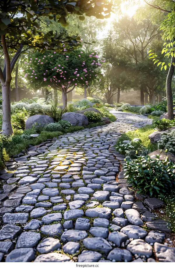 Sun-Dappled Stone Path Through Lush Garden